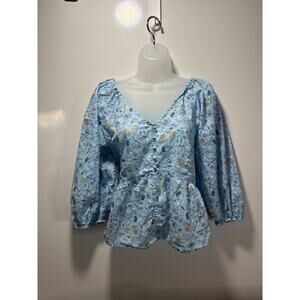 A.N.A. Babydoll Blue Floral Top Puff Sleeves Peplum 100% Cotton Cottagecore Sz L